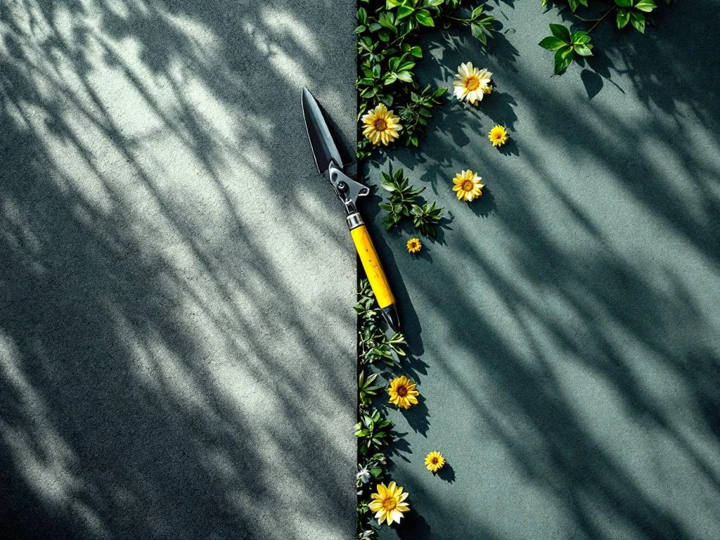 Tuingereedschap en eurobiljetten diagonaal gerangschikt op betonnen ondergrond, bovenaanzicht met natuurlijk licht