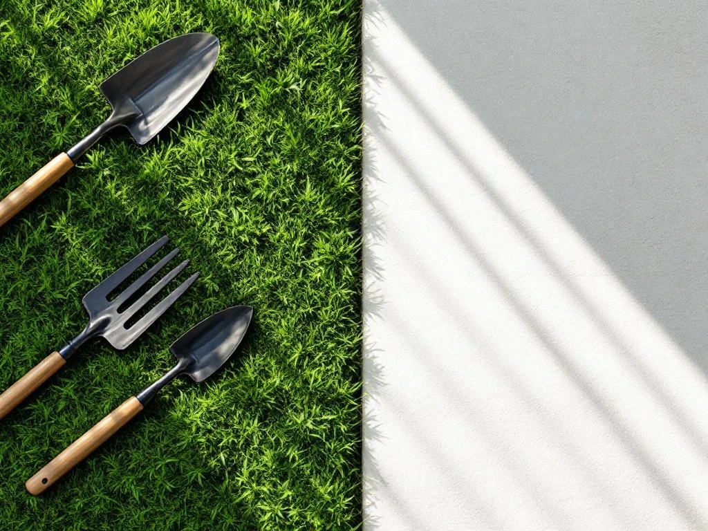 Bovenaanzicht tuinwerkplek met gereedschap op gras en eurobiljetten, gescheiden door diagonale lijn