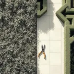 Vogelperspectief van tuinwerkplek: wild gras tegenover geometrische hagen, snoeischaar op de scheidingslijn