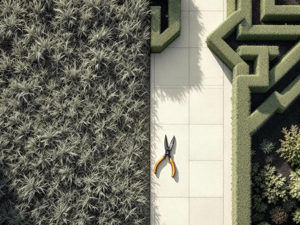 Vogelperspectief van tuinwerkplek: wild gras tegenover geometrische hagen, snoeischaar op de scheidingslijn