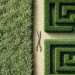 Tuinschaar op grens tussen wilde en gemaaide tuin, bovenaanzicht met geometrische hagen en natuurlijk groen