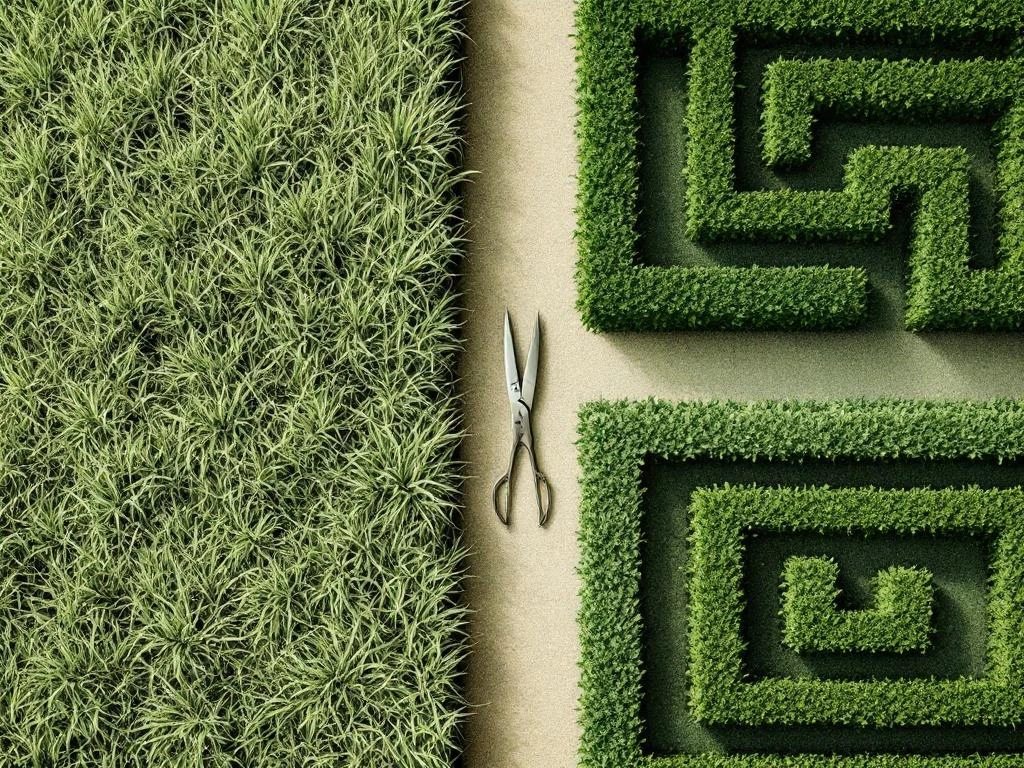 Tuinschaar op grens tussen wilde en gemaaide tuin, bovenaanzicht met geometrische hagen en natuurlijk groen