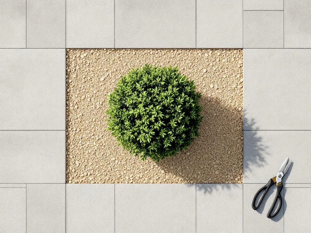 Professionele tuinschaar naast groene struik op beige grind met grijze betontegels, bovenaanzicht tuinonderhoud