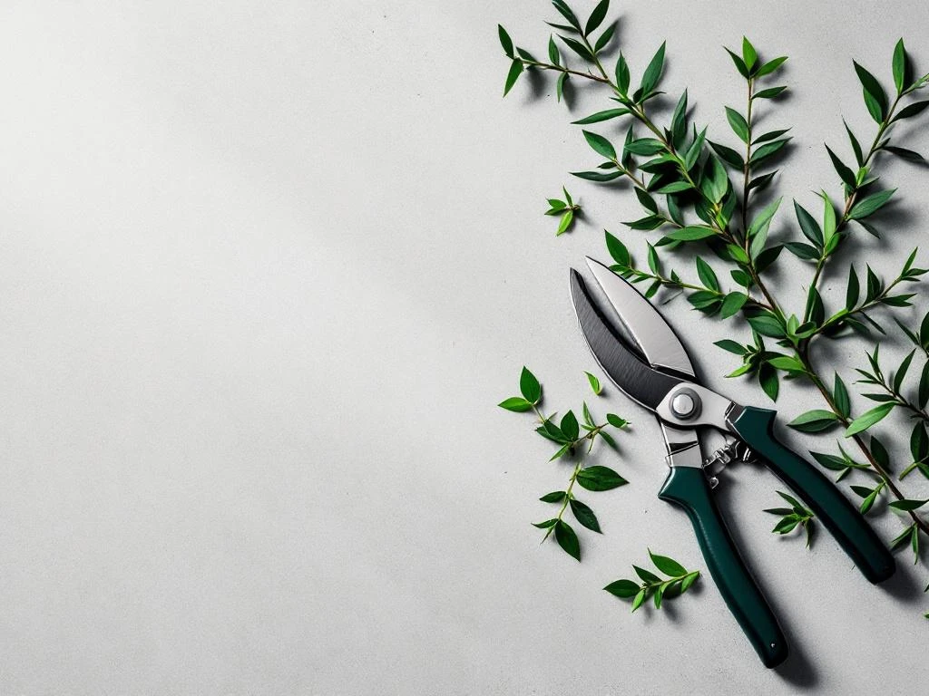 Professionele snoeischaar op betonnen ondergrond met verse groene takjes en klok voor tuinonderhoudsdiensten