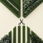 Snoeischaar tussen geometrische heggen en wilde planten, professionele tuinonderhoud van chaos naar orde