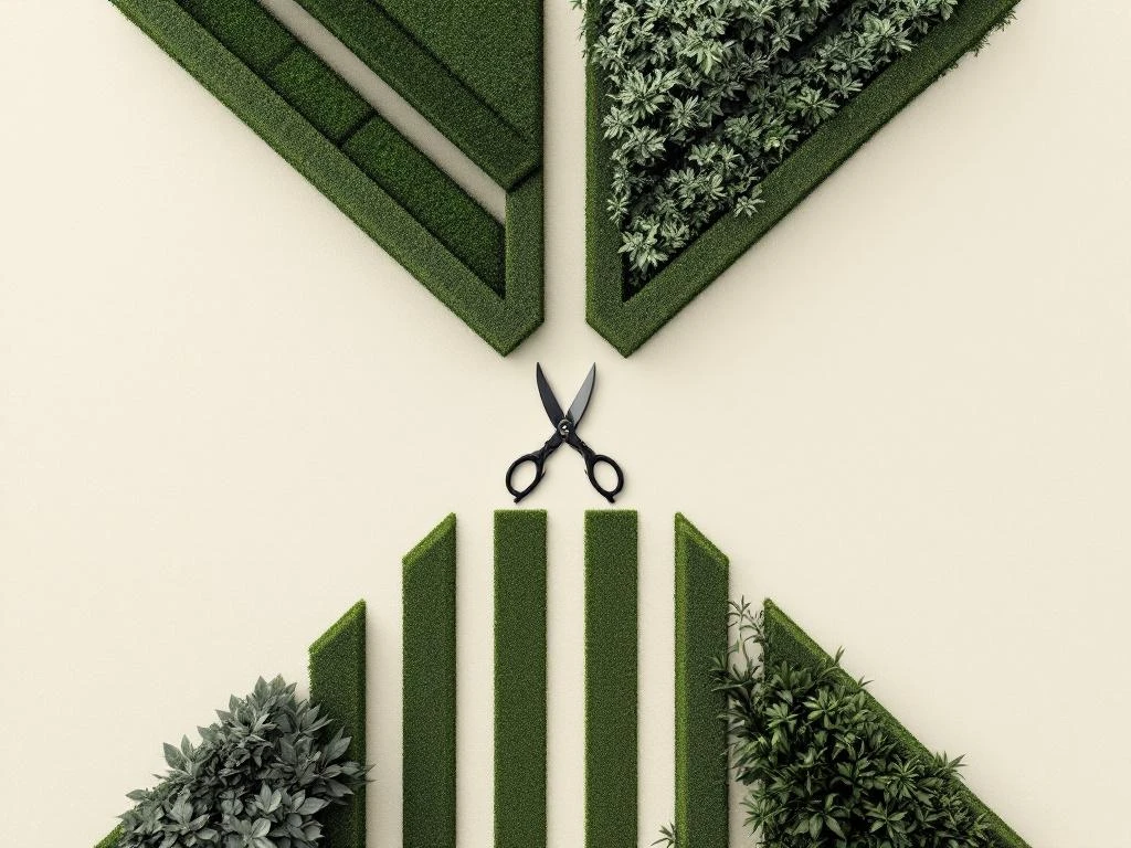 Snoeischaar tussen geometrische heggen en wilde planten, professionele tuinonderhoud van chaos naar orde