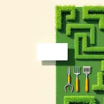 Tuinonderhoud servicevoucher op gesplitste luchtfoto van groen gazon en geordend tuingereedschap