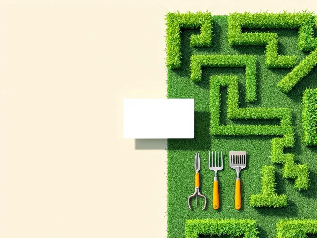 Tuinonderhoud servicevoucher op gesplitste luchtfoto van groen gazon en geordend tuingereedschap