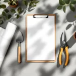 Klembord met tuinonderwijs tijdlijn omringd door schoffel en snoeischaar op betonnen werkblad met plantjeNote: This is 108 characters including spaces.