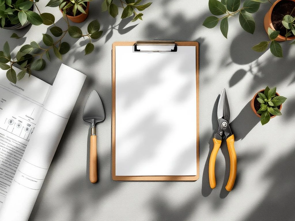 Klembord met tuinonderwijs tijdlijn omringd door schoffel en snoeischaar op betonnen werkblad met plantjeNote: This is 108 characters including spaces.