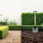 Minimalistische tuinscène met geometrische heggen en gereedschap tegenover onbewerkte grond met spade, van beginner tot expert