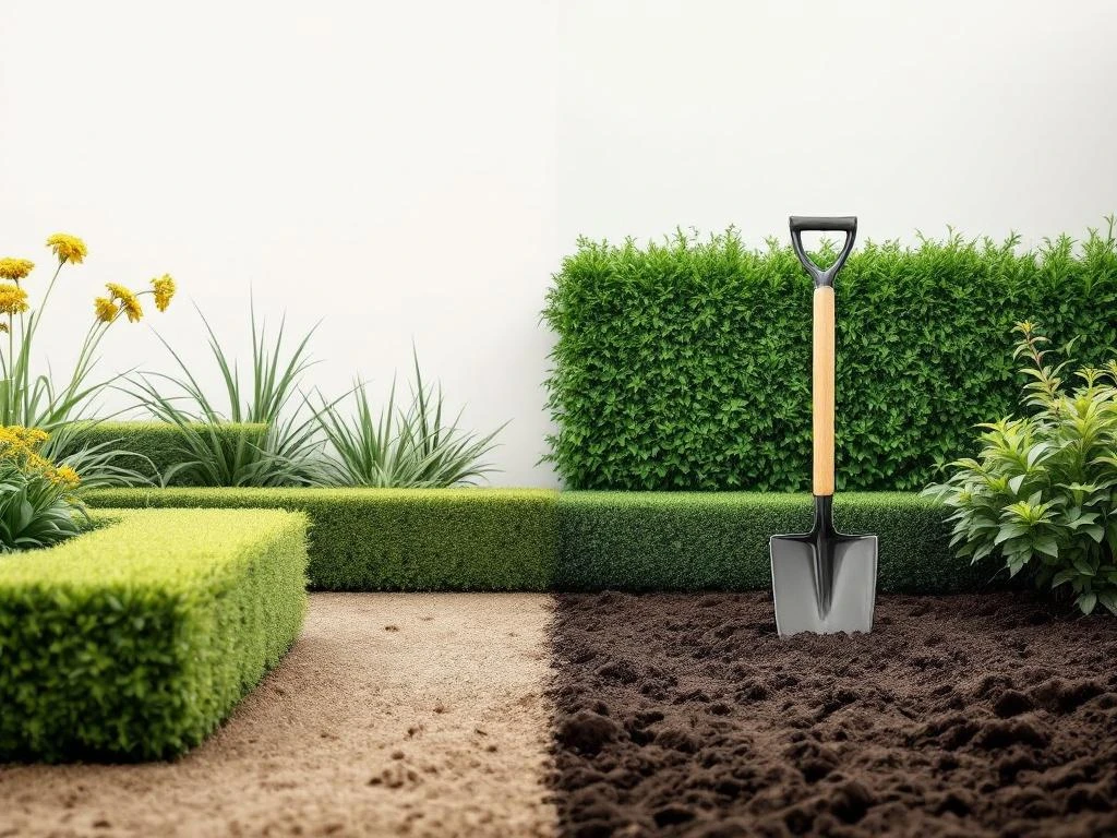 Minimalistische tuinscène met geometrische heggen en gereedschap tegenover onbewerkte grond met spade, van beginner tot expert