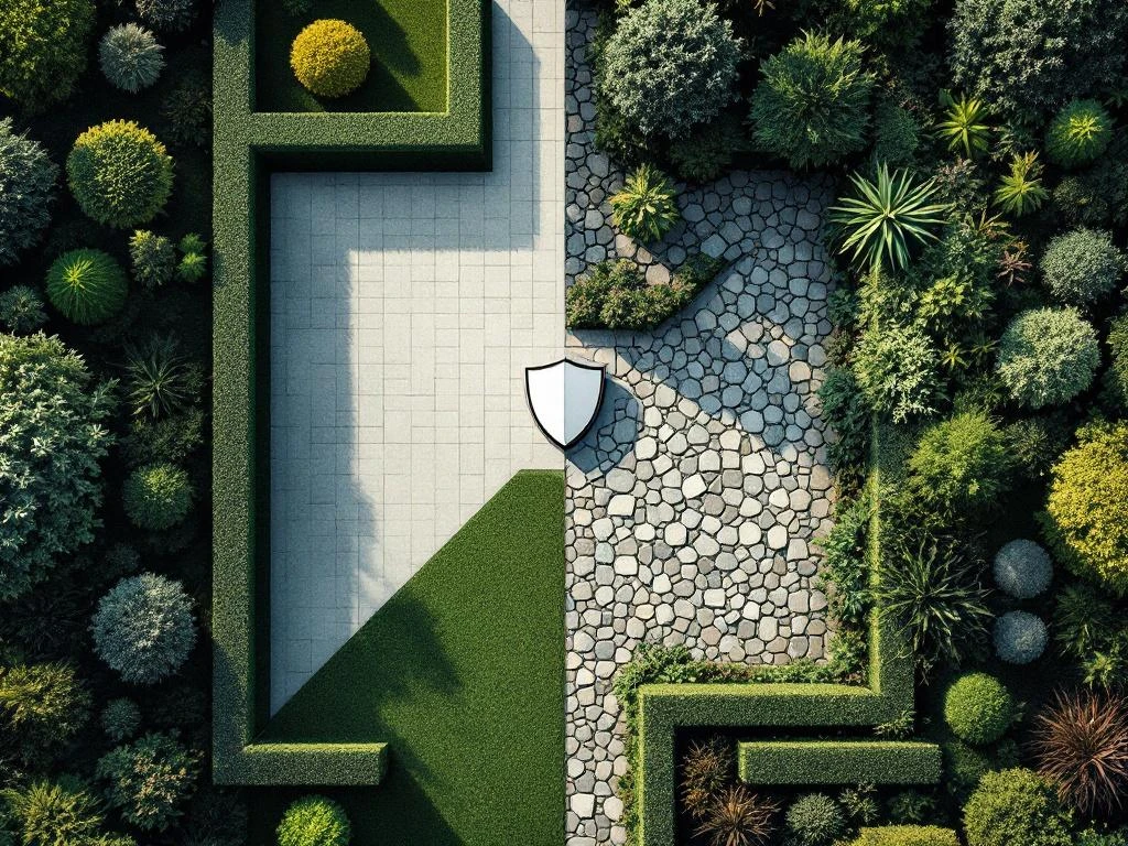 Vogelperspectief tuinontwerp met professioneel aangelegde tuin versus chaotische tuin, gescheiden door diagonale lijn met schildNote: This is 124 characters including spaces.