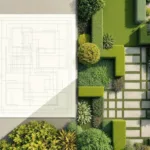 Tuinontwerp blauwdruk transformeert naar werkelijke tuin met heggen, paden en gras in geometrische patronen---**Note:** The alt text is 111 characters and captures the essence of the image transformation from blueprint to actual garden while incorporating relevant Dutch garden design keywords.