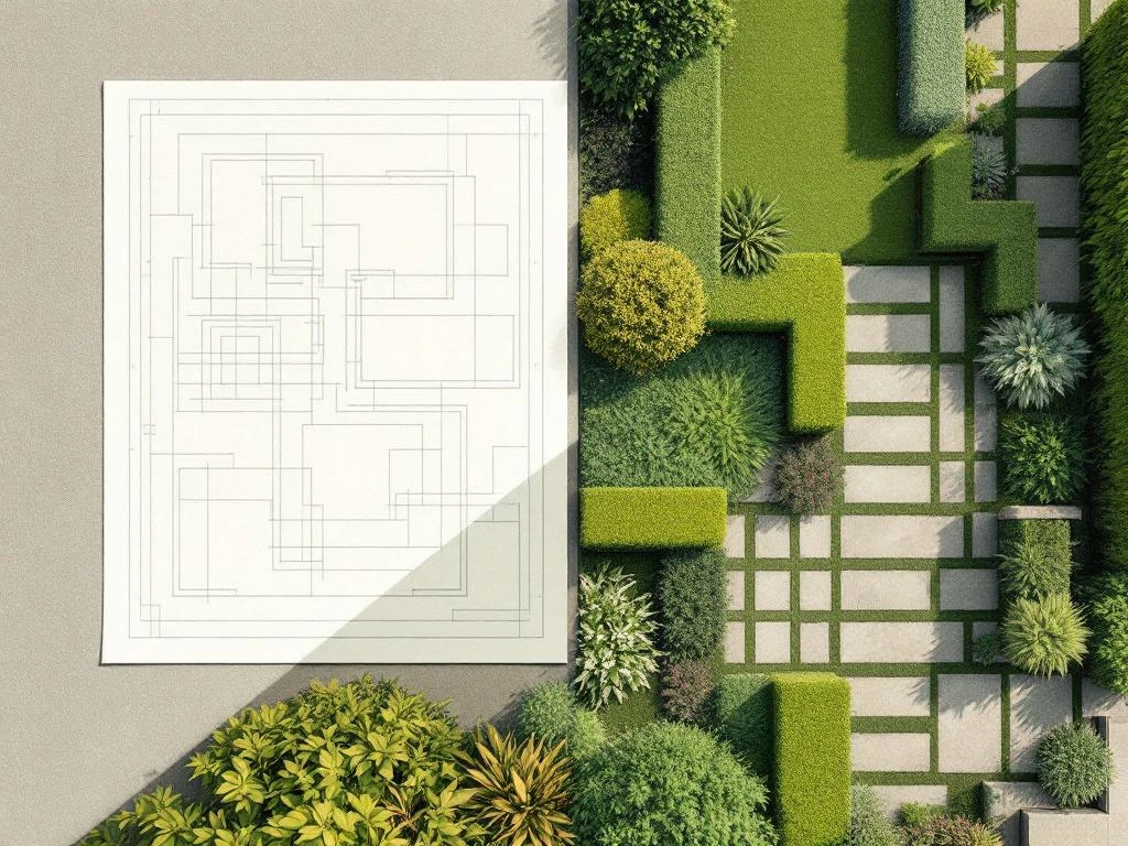 Tuinontwerp blauwdruk transformeert naar werkelijke tuin met heggen, paden en gras in geometrische patronen---**Note:** The alt text is 111 characters and captures the essence of the image transformation from blueprint to actual garden while incorporating relevant Dutch garden design keywords.