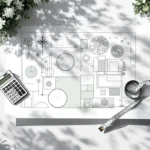 Minimalistische tuinontwerp blauwdruk met geometrische secties, calculator en meetlint voor kostenbegroting