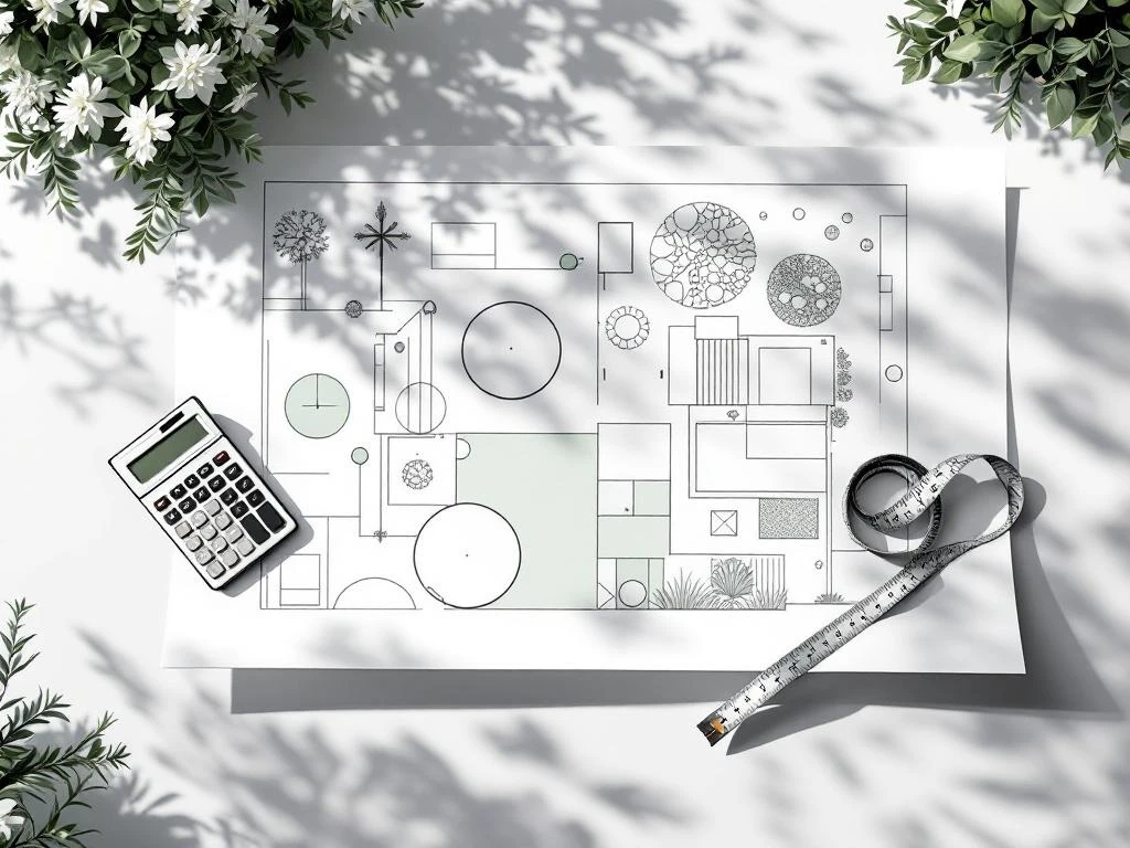 Minimalistische tuinontwerp blauwdruk met geometrische secties, calculator en meetlint voor kostenbegroting