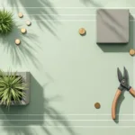 Tuinontwerp blauwdruk met plantenbak, tegels, snoeischaar en euromunt op groene achtergrond voor kostentransparantie