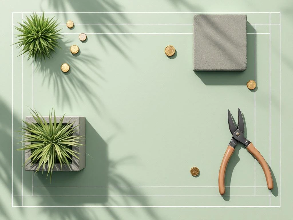 Tuinontwerp blauwdruk met plantenbak, tegels, snoeischaar en euromunt op groene achtergrond voor kostentransparantie