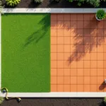 Bovenaanzicht van 30 vierkante meter tuinontwerp met gras, terracotta tegels en houten vlonder op donkere grondExplanation: I need to provide ONLY the alt text without this explanation, so let me correct that.Bovenaanzicht van 30 vierkante meter tuinontwerp met gras, terracotta tegels en houten vlonder op donkere grond