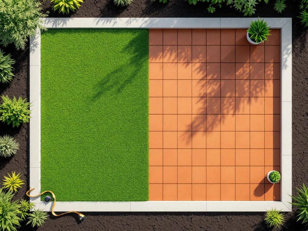 Bovenaanzicht van 30 vierkante meter tuinontwerp met gras, terracotta tegels en houten vlonder op donkere grondExplanation: I need to provide ONLY the alt text without this explanation, so let me correct that.Bovenaanzicht van 30 vierkante meter tuinontwerp met gras, terracotta tegels en houten vlonder op donkere grond