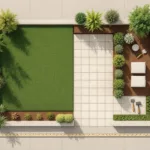 Luchtfoto van minimalistische tuinindeling met geometrische zones voor gazon, bestrating en plantenborders in natuurlijke tinten