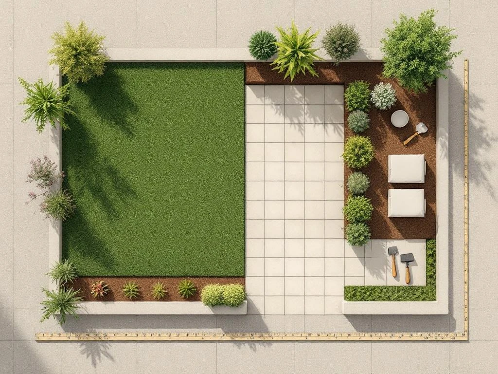 Luchtfoto van minimalistische tuinindeling met geometrische zones voor gazon, bestrating en plantenborders in natuurlijke tinten