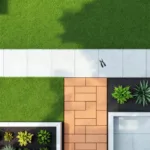 Bovenaanzicht van geometrische tuinindeling met groene gazons, terracotta tegels en tuingereedschap op witte steen