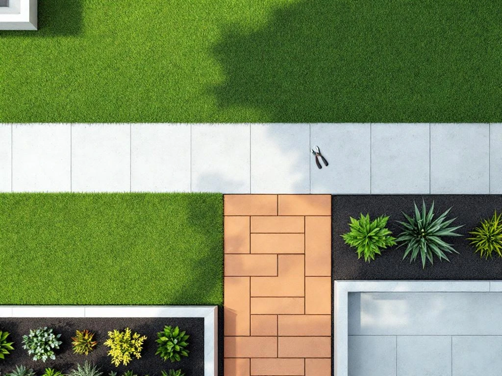 Bovenaanzicht van geometrische tuinindeling met groene gazons, terracotta tegels en tuingereedschap op witte steen