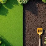 Bovenaanzicht van geometrische tuin met groene zones, terracotta tegels en lege ruimtes die tuinschaarste symboliseren