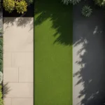 Bovenaanzicht van minimalistische tuinindeling met geometrische zones: tegels, gazon en beplanting met tuingereedschap