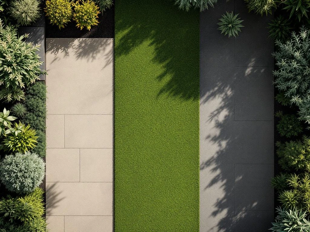 Bovenaanzicht van minimalistische tuinindeling met geometrische zones: tegels, gazon en beplanting met tuingereedschap