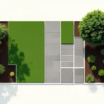 Bovenaanzicht van symmetrische tuinindeling met geometrische secties, groen gazon, grijze tegels en bruine borders```
Character count: 117
```