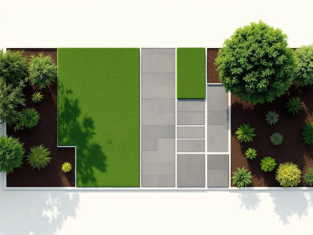 Bovenaanzicht van symmetrische tuinindeling met geometrische secties, groen gazon, grijze tegels en bruine borders```
Character count: 117
```