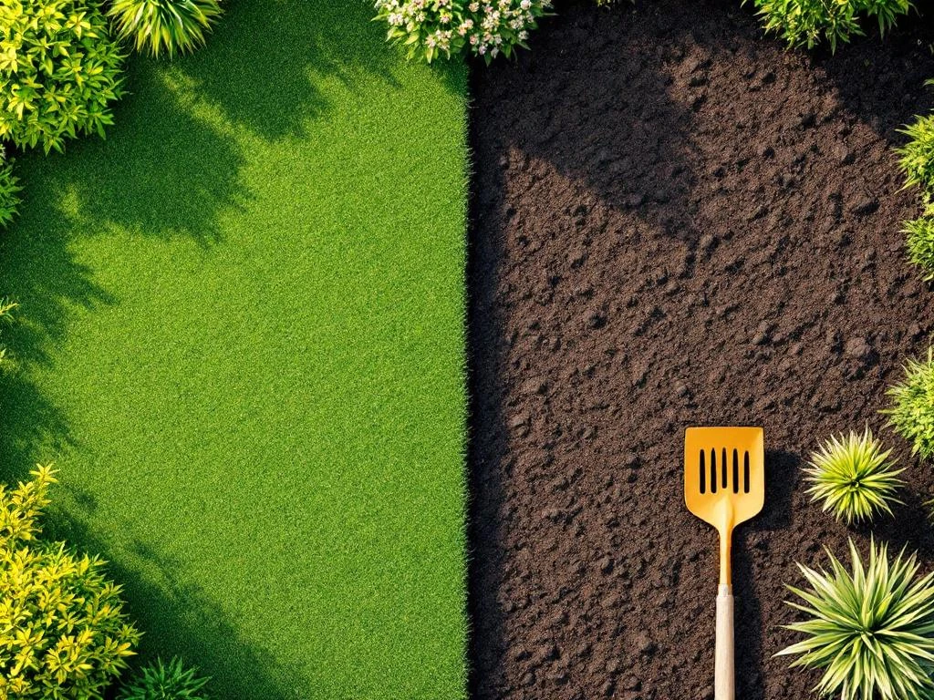 Bovenaanzicht van geometrische tuin met groene zones, terracotta tegels en lege ruimtes die tuinschaarste symboliseren