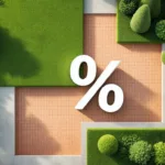 Moderne tuin van bovenaf met geometrische vakken gras, terracotta tegels en buxus, met zwevend procentteken