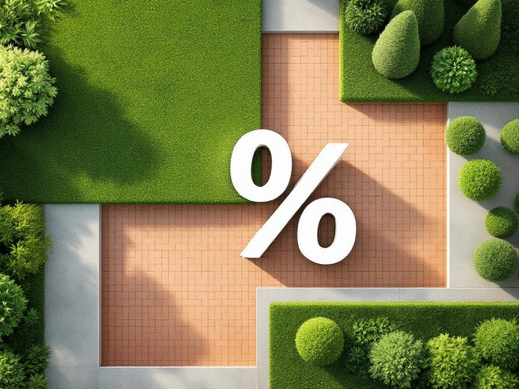 Moderne tuin van bovenaf met geometrische vakken gras, terracotta tegels en buxus, met zwevend procentteken