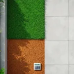 Bovenaanzicht van geometrische tuinwerkruimte met troffel, calculator op beton, gras en aarde in derde-indeling