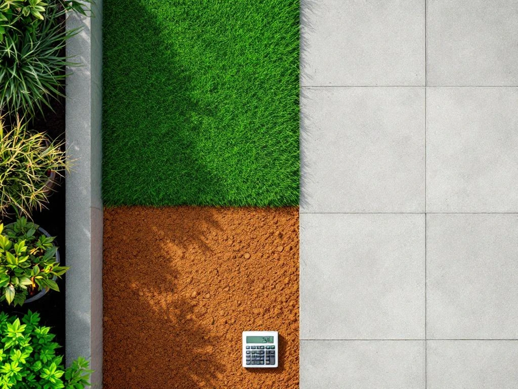 Bovenaanzicht van geometrische tuinwerkruimte met troffel, calculator op beton, gras en aarde in derde-indeling