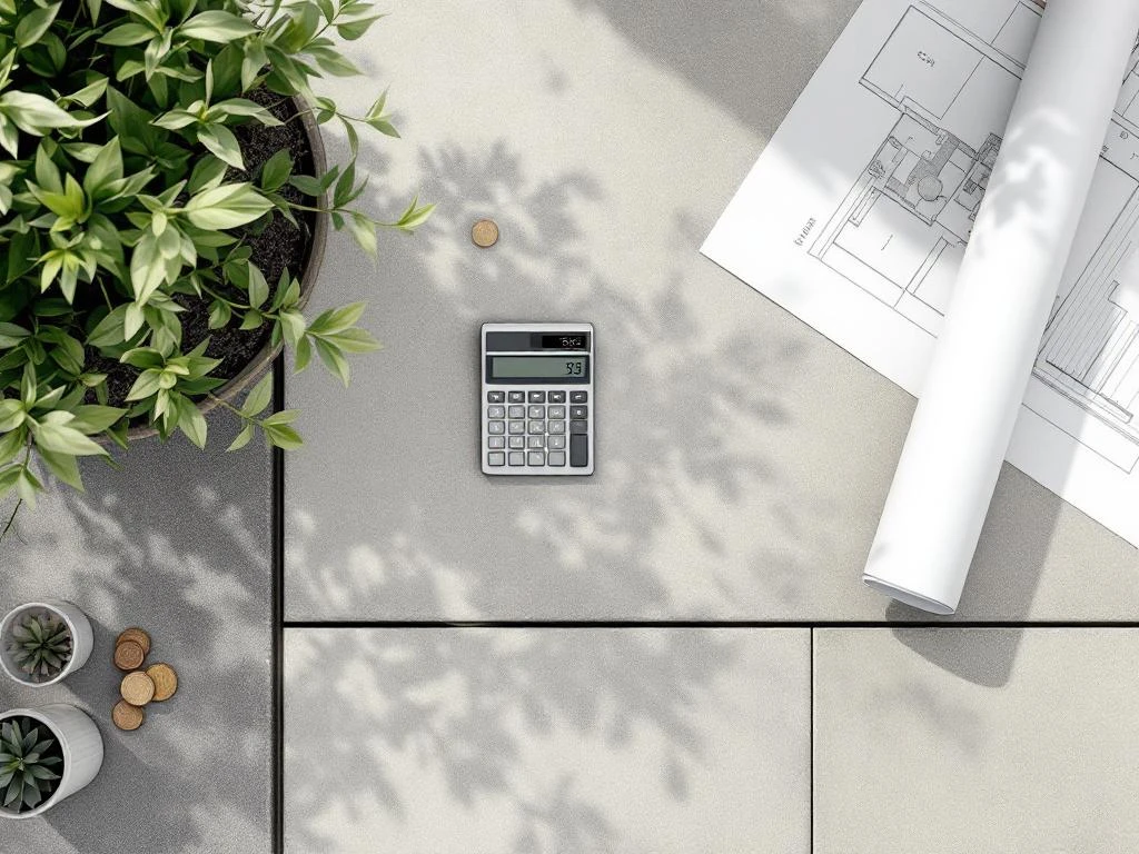 Calculator met euromuntjes op tuinontwerp blauwdruk, bovenaanzicht van werkruimte voor tuinplanning en budgettering