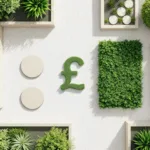 Bovenaanzicht van minimalistische tuinindeling met geometrische bedden en calculator-symbool in sagroen tinten