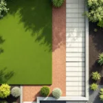 Bovenaanzicht van geometrisch ingedeelde tuin met gazon, terracotta tegels, grond en grindpaden in symmetrisch patroon