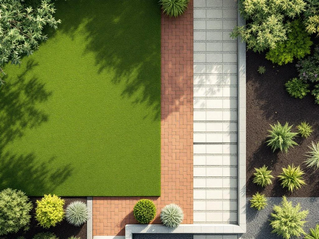 Bovenaanzicht van geometrisch ingedeelde tuin met gazon, terracotta tegels, grond en grindpaden in symmetrisch patroon