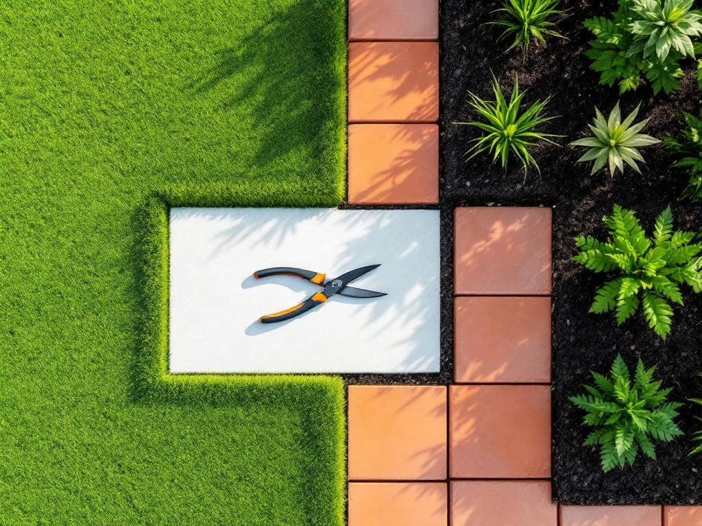 Bovenaanzicht van geometrisch tuinontwerp met groene gazons, terracotta tegels en donkere aarde met snoeischaar op witte steen