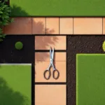 Professionele snoeischaar op geometrisch tuinontwerp met gazon, terracotta tegels en buxusbollen vanuit vogelperspectief