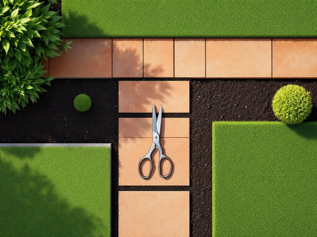 Professionele snoeischaar op geometrisch tuinontwerp met gazon, terracotta tegels en buxusbollen vanuit vogelperspectief