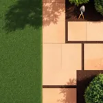 Luchtfoto van geometrische tuinindeling met groen gazon, terracotta tegels, sierstruiken en tuingereedschap