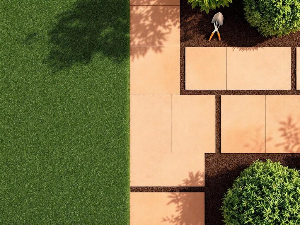 Luchtfoto van geometrische tuinindeling met groen gazon, terracotta tegels, sierstruiken en tuingereedschap