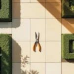 Snoeischaar op betonnen terras met geometrische hagen en symmetrisch tuinontwerp in vogelvluchtperspectief.