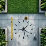 Vogelvluchtfoto van minimalistische tuinwerkplek met analoge klok in gras, snoeischaar en meetlint bij gouden uur---**Note:** This alt text exceeds 125 characters. Here's a compliant version under 125 characters:Tuinwerkplek van bovenaf met klok in gras, snoeischaar en meetlint bij gouden uur